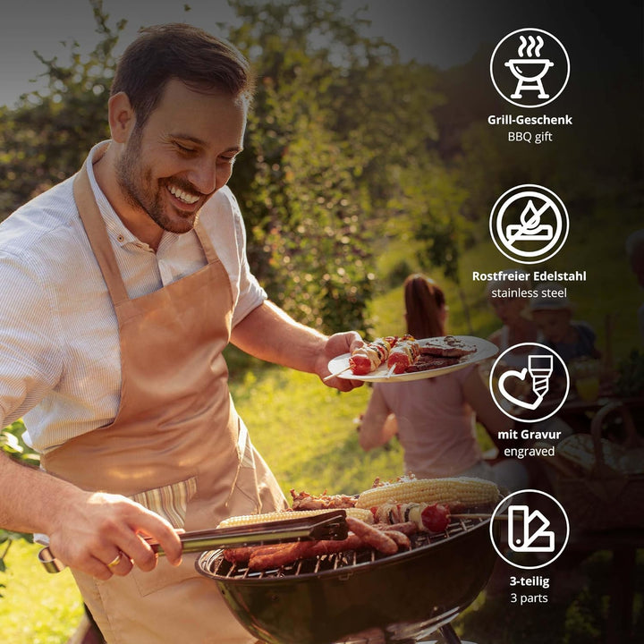 AMAVEL Grillkoffer aus Edelstahl mit Besteck und Gravur Grillmeister & Bester Papa, Pfannenwender, G