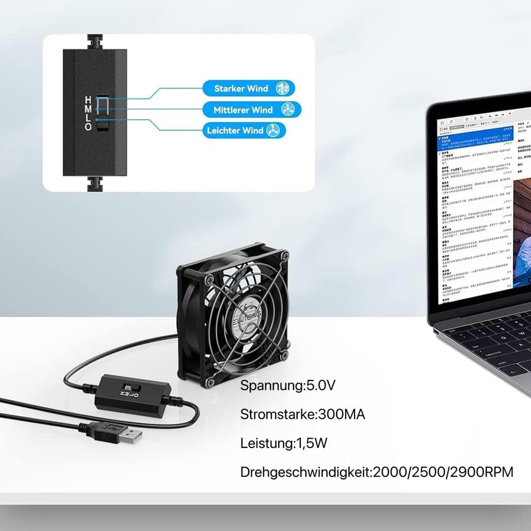 ELUTENG USB Lüfter 80mm 5V mit L/M/H 3 Einstellbare Geschwindigkeiten, Mini Ventilator USB PC Lüfter