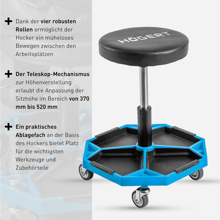 Högert Technik - Verstellbarer Werkstatthocker | Teleskopischer Werkstattsitz | Höhenverstellung | R