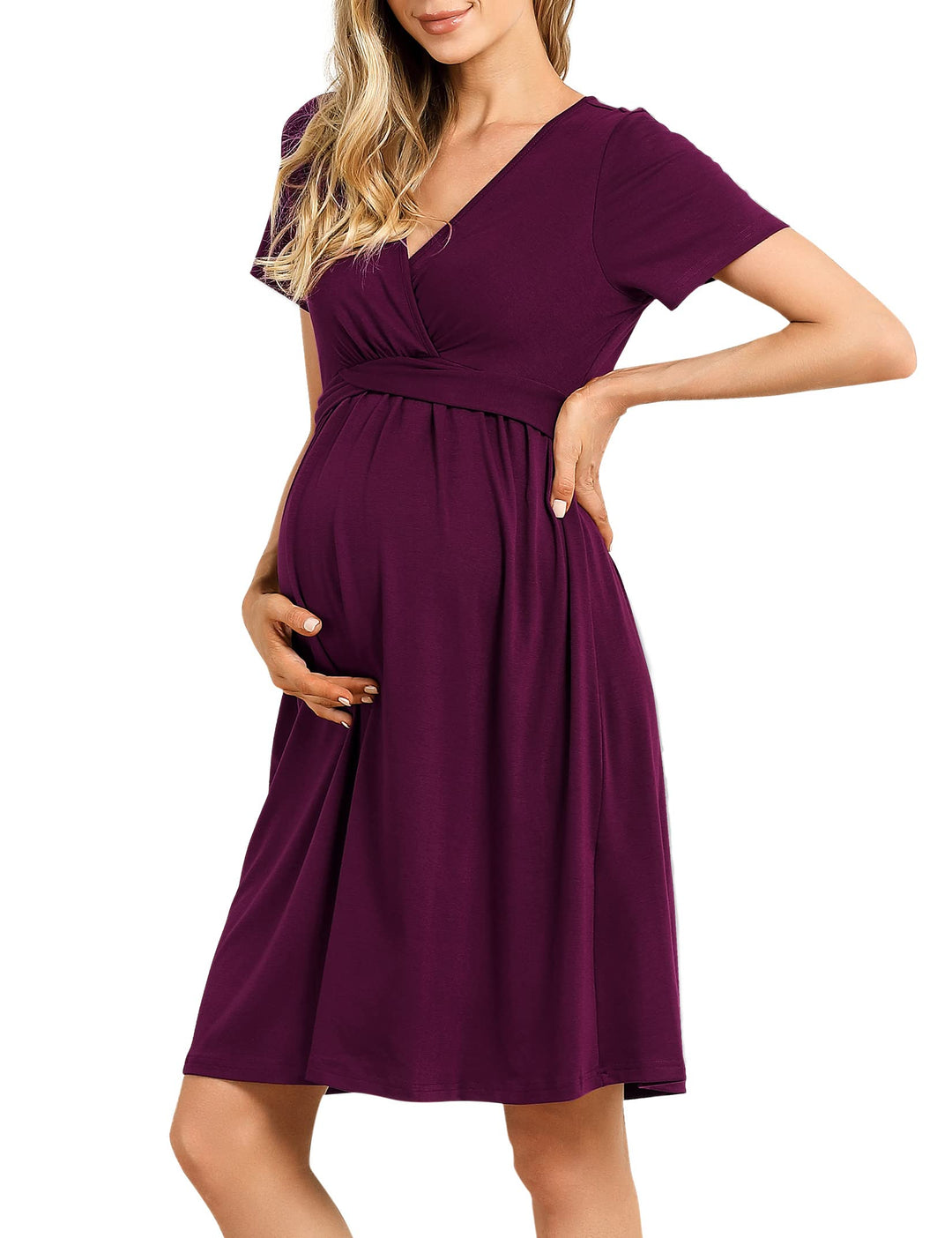 KOJOOIN Damen Umstandskleid V-Ausschnitt Stillkleid Casual Falten Schwangerschaftskleid(Verpackung M