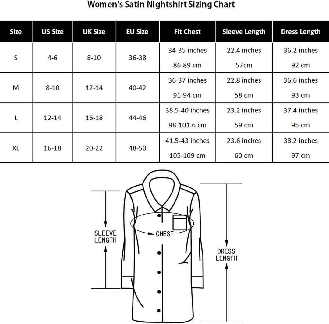 Nachthemd Damen, Satin Nachtkleid Langarm Nachtwäsche mit Knopfleiste Schlafhemd Freizeitkleidung, S