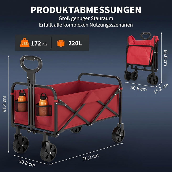 Faltbarer Bollerwagen 220L, 172kg Traglast, Rot | 360° Geländeräder mit Bremse, Stahlrahmen aus 600D