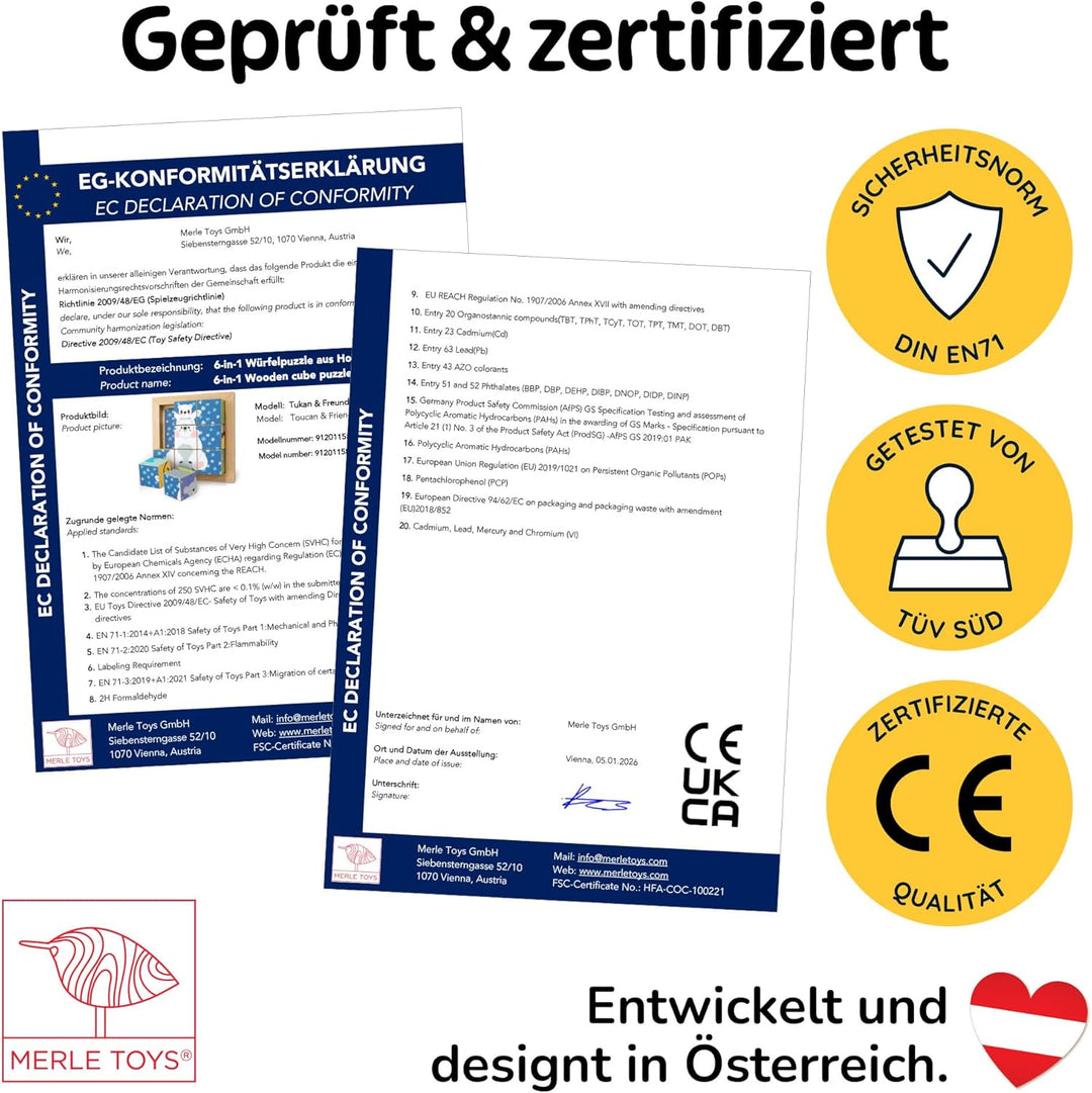 Merle Toys® 6-in-1 Würfelpuzzle ab 2 Jahre aus 100% Öko-Buchenholz, Würfelpuzzle ab 3 Jahre, Bilderw
