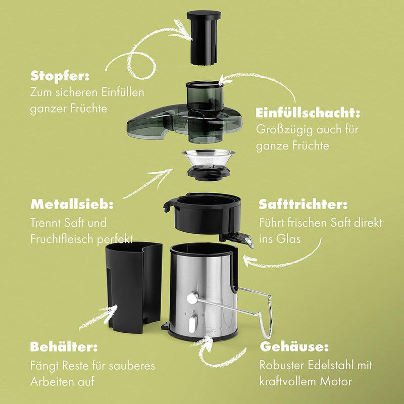 Clatronic AE 3666 Automatik-Entsafter, Edelstahl-Gehäuse, Grosse Einfüllöffnung, 2 Geschwindigkeitss