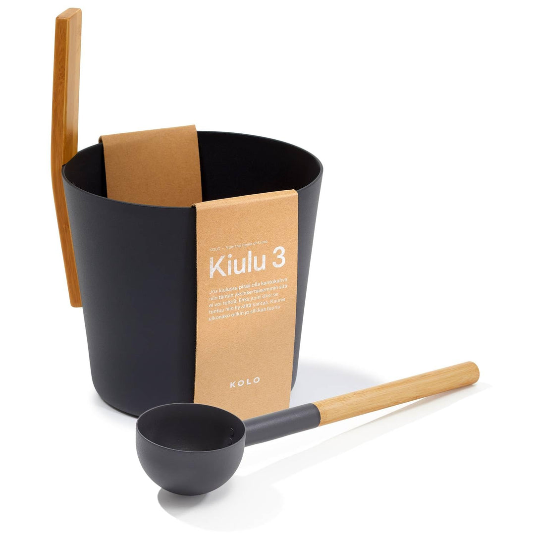 KOLO Sauna Kübel 3 & Kelle - Sauna Aufguss Set - Sauna Eimer 5l aus Aluminium Schwarz - 300ml Aufgus