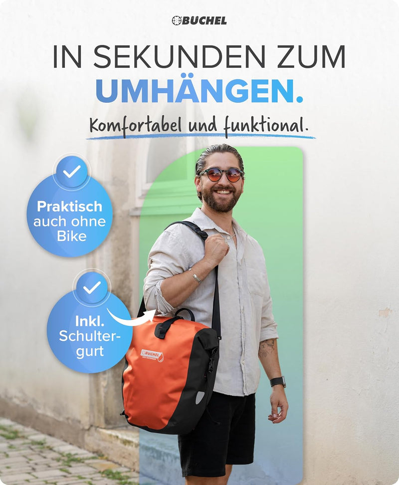 Büchel Fahrradtasche für Gepäckträger I 25.4 L - 100% Wasserdicht I mit Tragegriff und Schultergurt