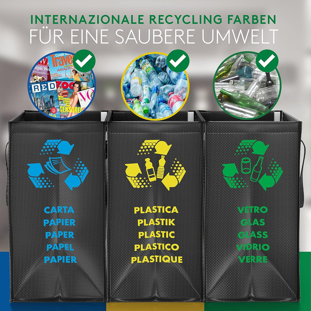 PTMS® Mülltrennsystem Taschen für Papier, Glas und Plastik - Umweltfreundliche Mülleimer 3 Fächer -