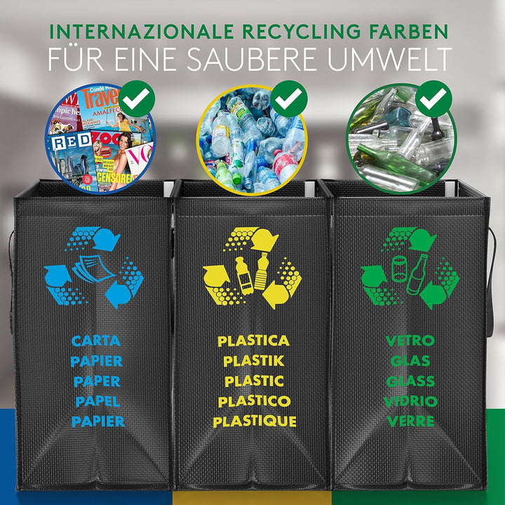 PTMS® Mülltrennsystem Taschen für Papier, Glas und Plastik - Umweltfreundliche Mülleimer 3 Fächer -