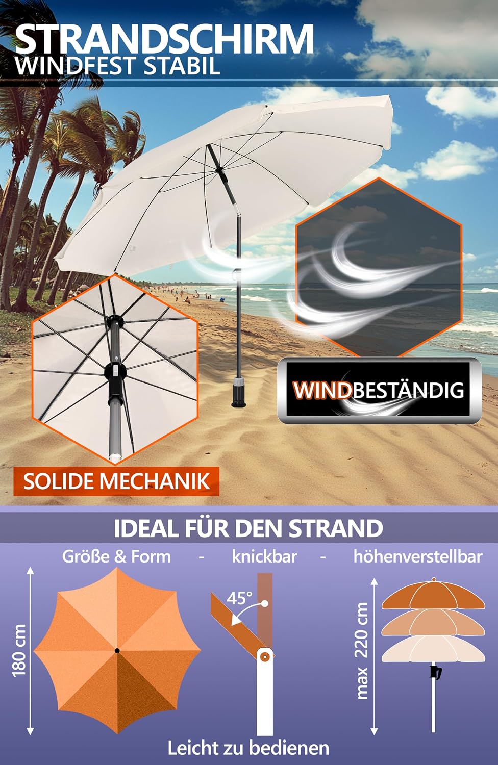 4smile Sunnyjoy Sonnenschirm Strand 3-IN-1 Set - Strandschirm windfest stabil, UPF 50+ Sonnenschirm