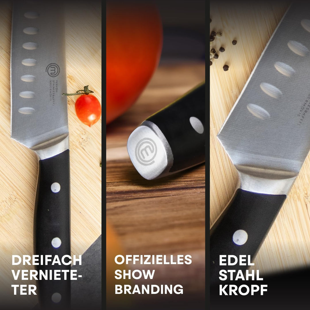 MasterChef Santoku Messer, Kochmesser Profi Messer aus Kohlenstoffreichem Edelstahl, Dreifach Vernie