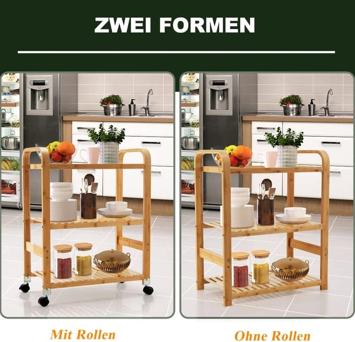 GOPLUS Bambus-Küchenwagen mit Abnehmbaren Rädern, 3-stöckiger Sevierwagen mit Griff, Multifunktional