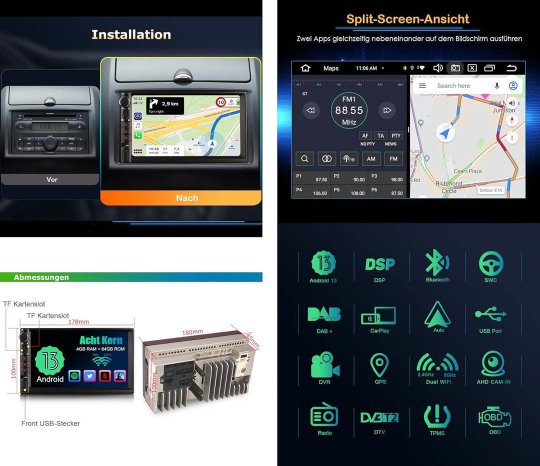 Erisin 7 Zoll Doppel Din 2 din Android 11.0 Autoradio Bluetooth Navi GPS Unterstützt Carplay Android