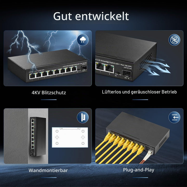 Binardat 8 Port 2.5G Switch mit 10G SFP+ Port, 8 x 2.5 Gigabit RJ-45 Base-T Ports, Unmanaged Multi-G