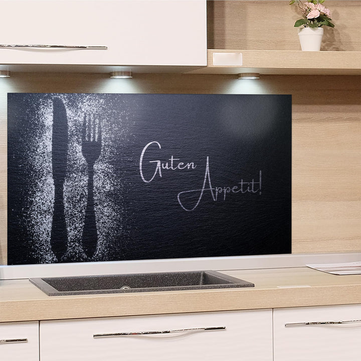 GRAZDesign Spritzschutz Küchenrückwand Glas Küche für Herd & Küchenspüle, Grau Guten Appetit Glaspla