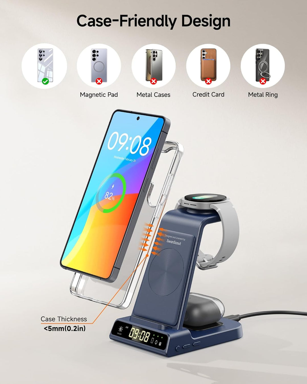 Induktive Ladestation für Samsung S25 Ultra, 3 in 1 Kabelloses Ladestation für Galaxy S25/S24/S23/Z