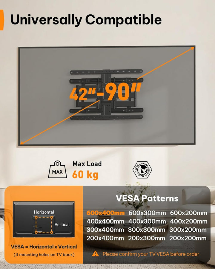 Perlegear ultradünne TV Wandhalterung, 27,9mm ultradünnes Profil für 42"-90" TV, voll-bewegliche TV