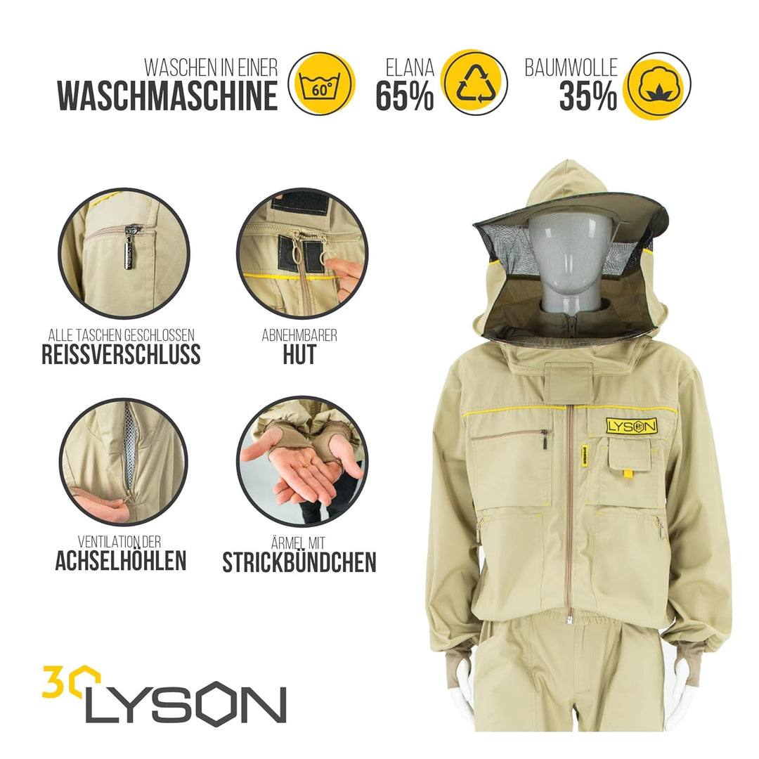LYSON Imkerbluse mit abnehmbarem Hut/Imkerjacke mit Handstulpen mit Daumenloch Imkerbluse belüftet P
