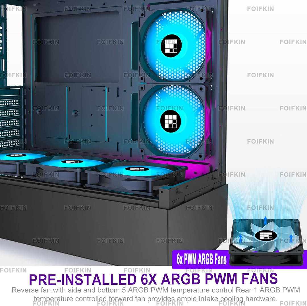 FOIFKIN PC Gehäuse - Vorinstallierter 5 PWM ARGB-Lüfter, ATX Mid-Tower Gaming PC Gehäuse, 270° Panor