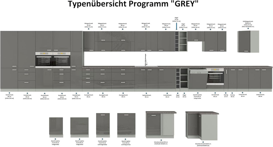 Kuechen-preisbombe Frontblende Geschirrspüler integriert 45 cm Grau Hochglanz Küche Grey Bianca