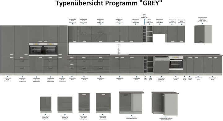 Kuechen-preisbombe Frontblende Geschirrspüler integriert 45 cm Grau Hochglanz Küche Grey Bianca