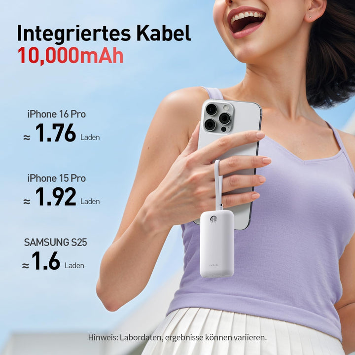 iWALK Mini Tragbares Ladegerät 10000 mAh, 22,5W USB-C Powerbank mit integriertem Kabel, Ultra-kompak