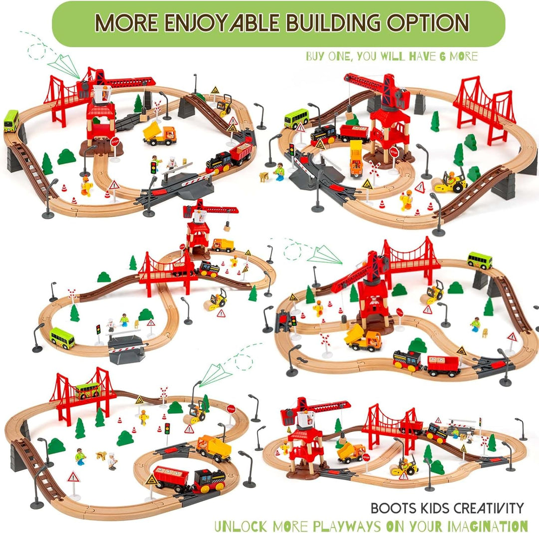86PCS Holzeisenbahn Set mit Kran, Eisenbahn Holz mit Kran Spielzeug, Holz Eisenbahn Kinder, Passend