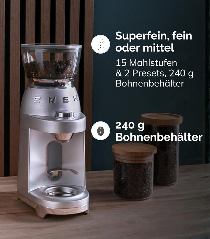 Smeg, Kaffeemühle CGF02SSEU, konisches Edelstahlmahlwerk, 50 Mahlgrad Einstellungen, 240 g Kaffeeboh