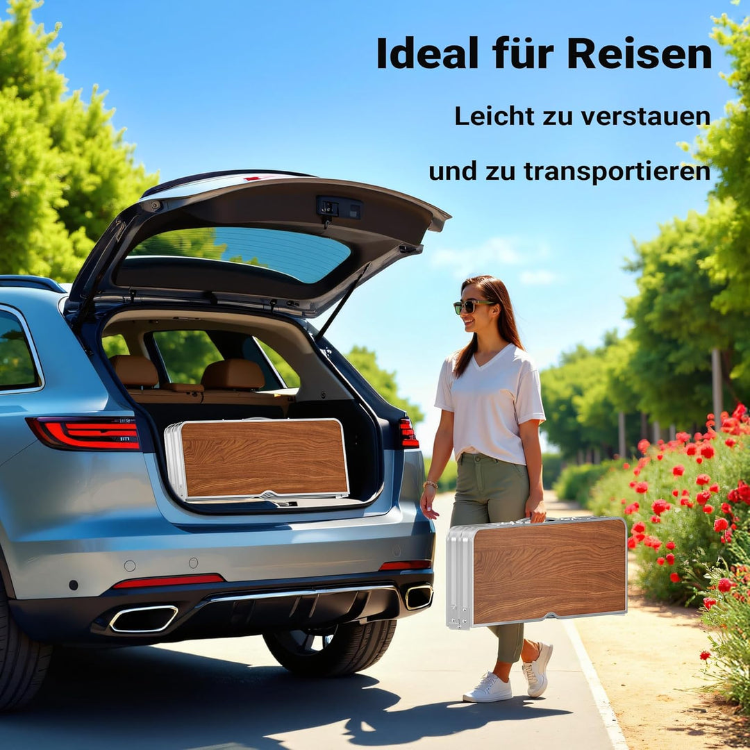 Wiltec Koffertisch mit 2 Bänken Holzdesign Aluminium 90x66x70 cm Campingtisch klappbar Sitzgruppe Ca