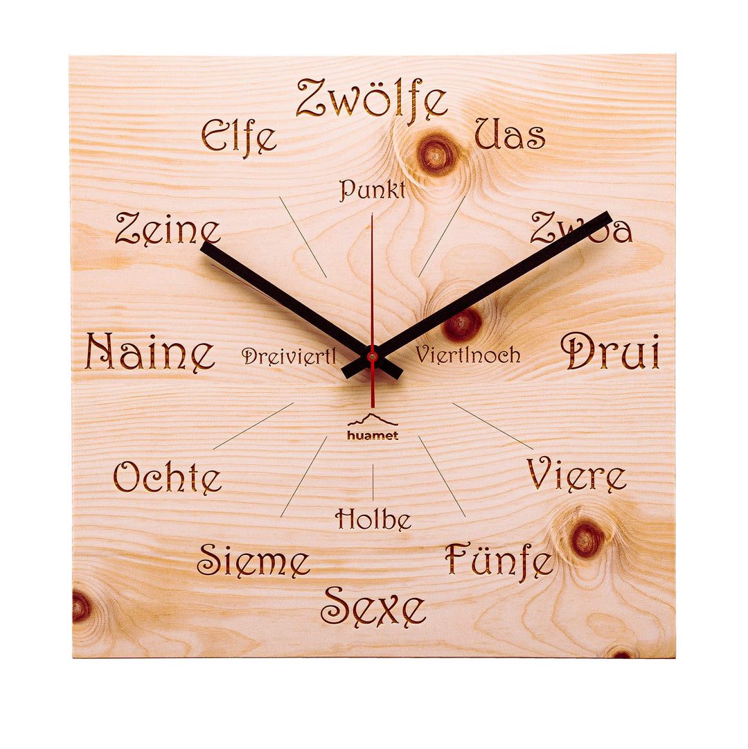 huamet Holz Wanduhr UHRFORM aus Zirbe, eckig - einzigartiges Design mit urigem Südtiroler Dialekt, g