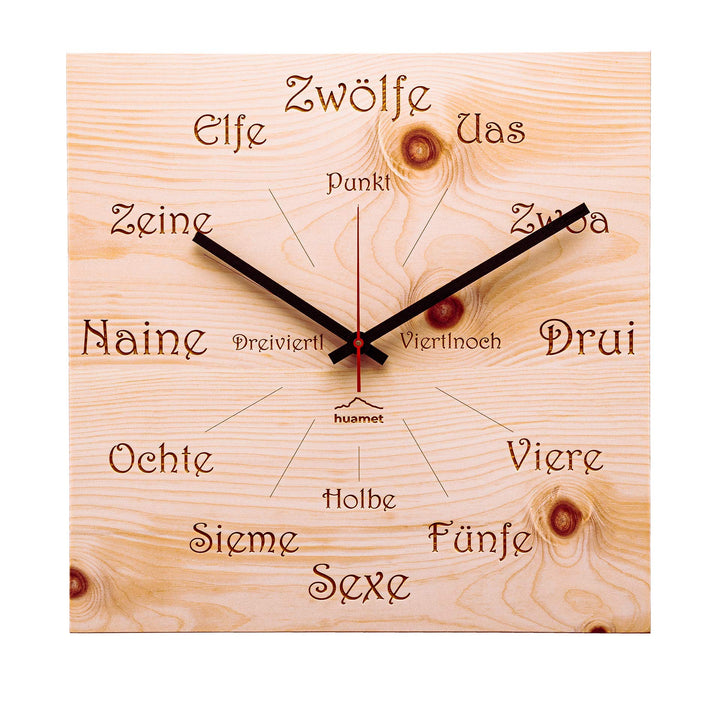 huamet Holz Wanduhr UHRFORM aus Zirbe, eckig - einzigartiges Design mit urigem Südtiroler Dialekt, g