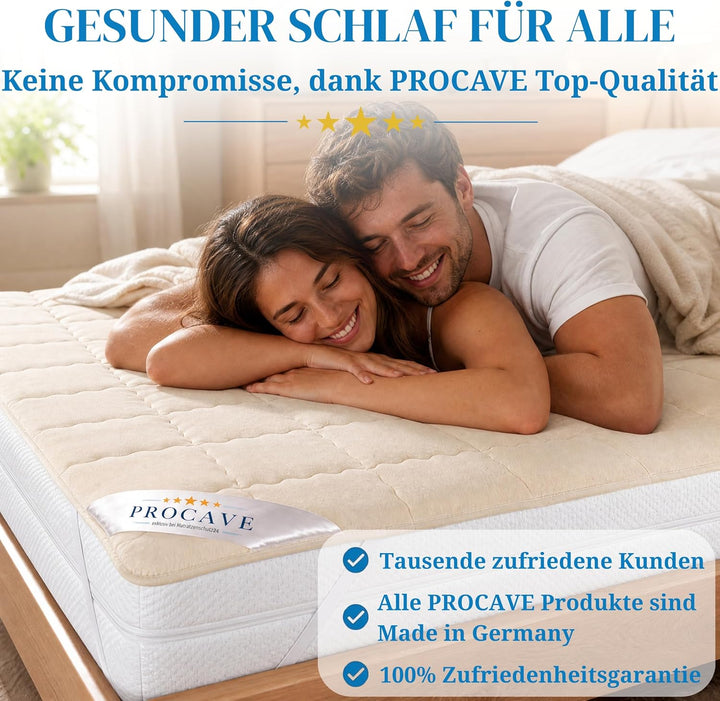PROCAVE weiches Unterbett aus Schurwolle, atmungsaktiver Matratzen-Schoner, Matratzenbezug mit 4 Eck