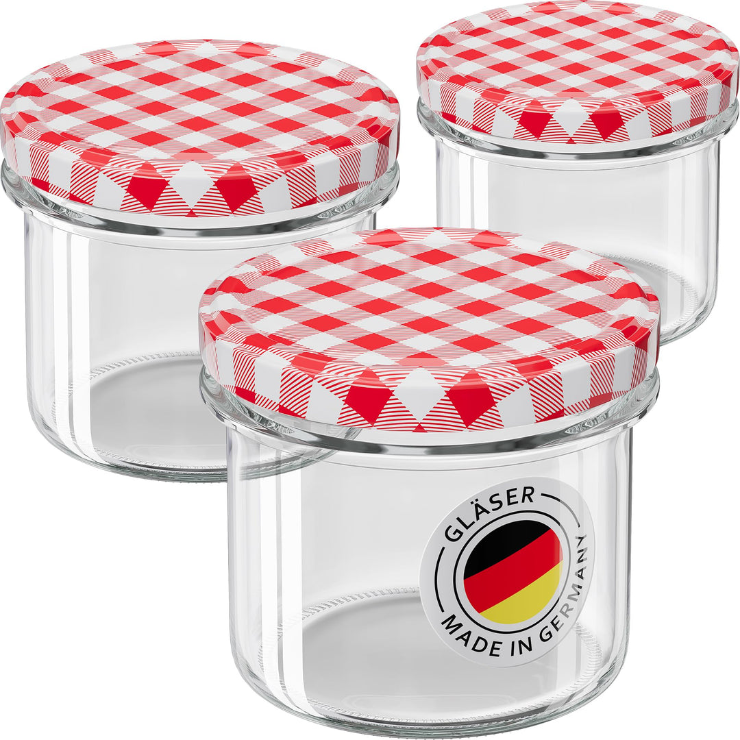 WELLGRO 25x Einmachgläser mit Schraubdeckel - 235ml - Deckel To 82 rot kariert - Made in Germany - V