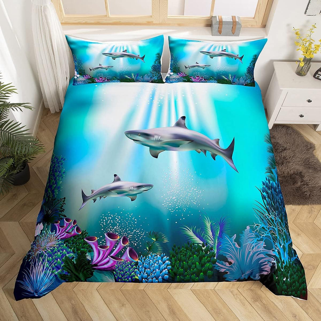 Loussiesd Kinder 135x200cm Bettwäscheset Hai Muster Bettwäsche für Mädchen Jungen Ozean Thema Bettbe