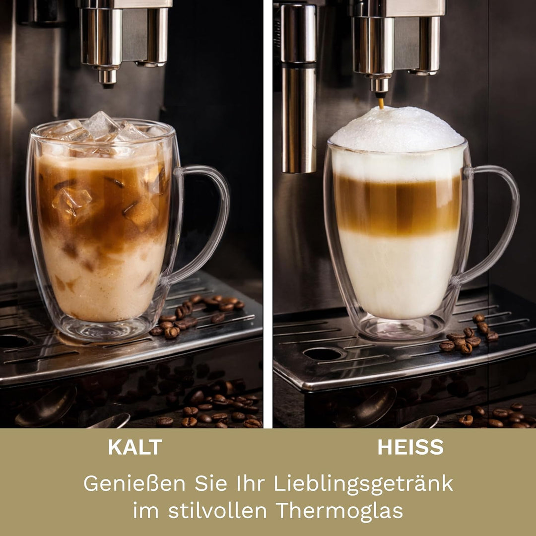 Creano doppelwandiges Thermoglas mit Henkel 400ml, grosses Doppelwandglas aus Borosilikatglas, Kaffe