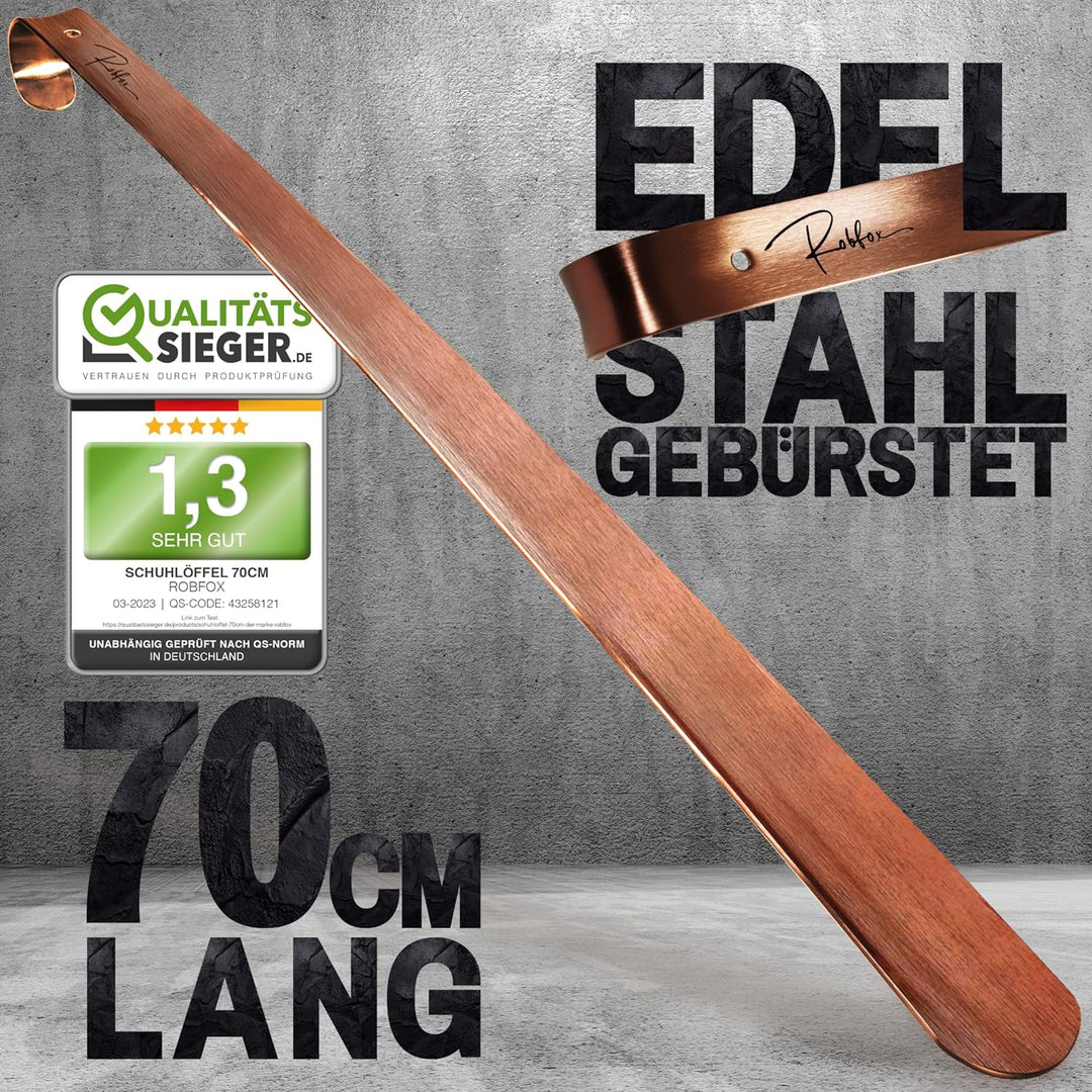 Robfox 70cm Schuhlöffel I extra stabiler Schuhanzieher aus gebürstetem Stahl I lange Schuhanziehhilf