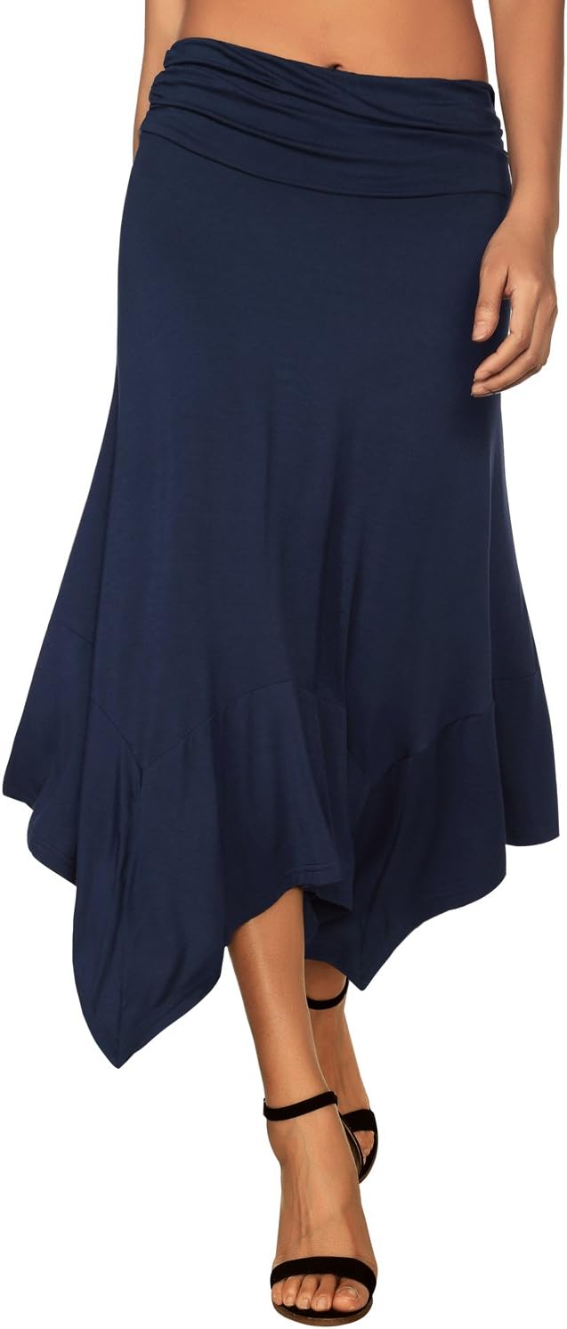 DJT Damen Elastisch Plissierte Taille Elegant Rock A-Linie Faltenrock Midi Rock mit Taschentuch Saum