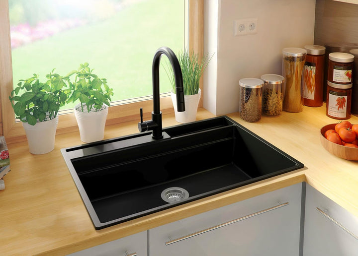 Spülbecken Schwarz 78x53 cm, Granitspüle 1 Becken + Ablauf-Set, Küchenspüle ab 80er Unterschrank, Ei