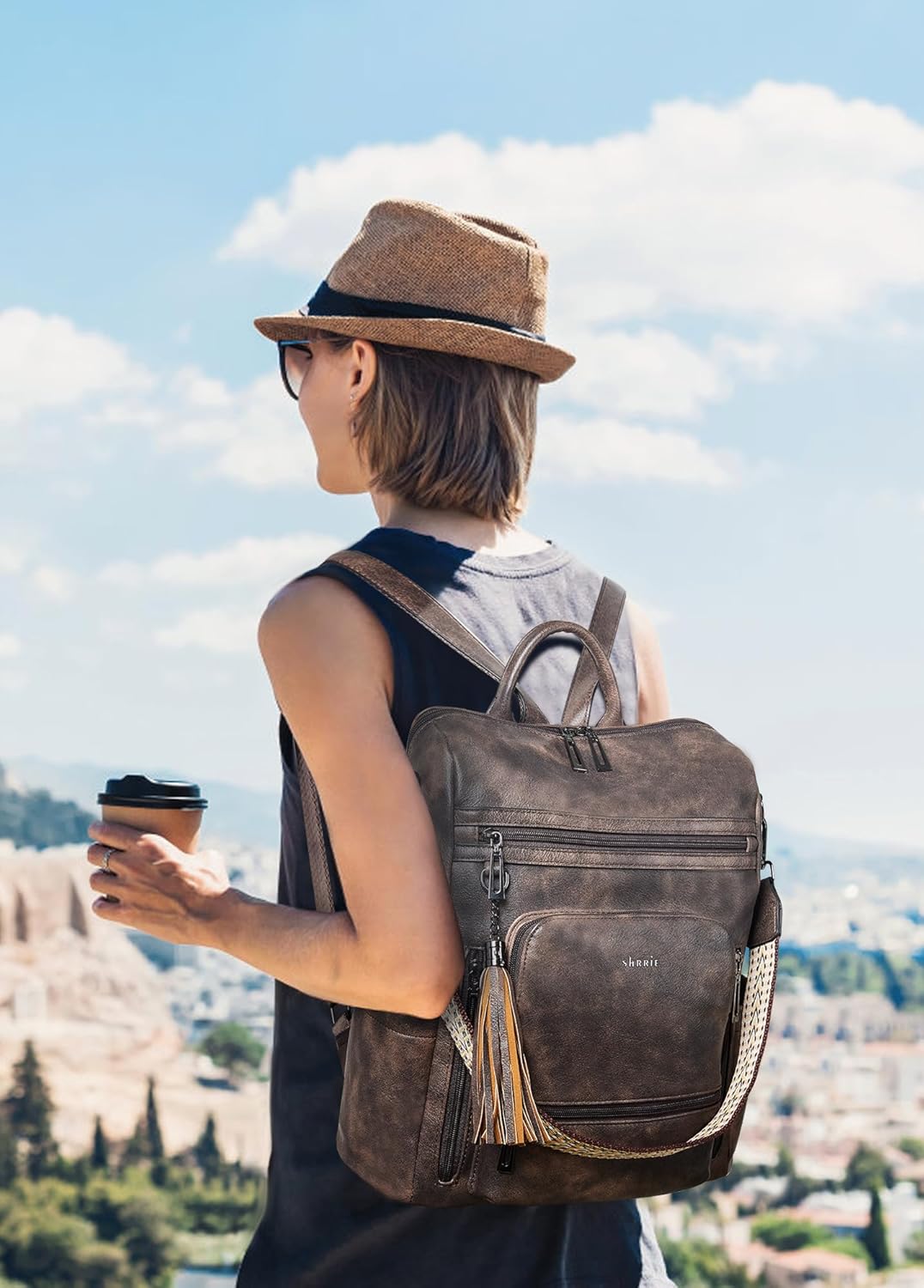Shrrie rucksack damen elegant geeignet für 15,6Zoll-Notebooks Langlebig wasserdicht Damen aus Leder