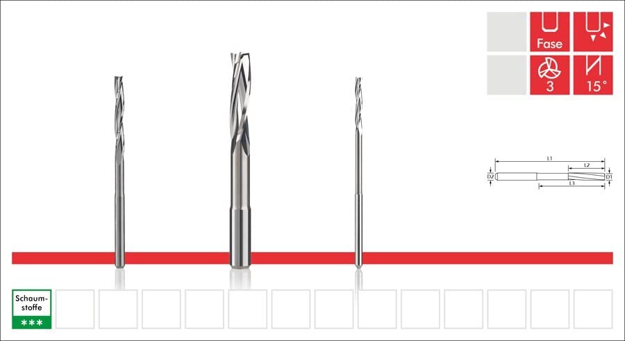 Dreizahnfräser für Schaumstoff - d 8mm, D 8mm, SL 25mm, GL 75mm, FS 45mm, d 8mm, D 8mm, SL 25mm, GL