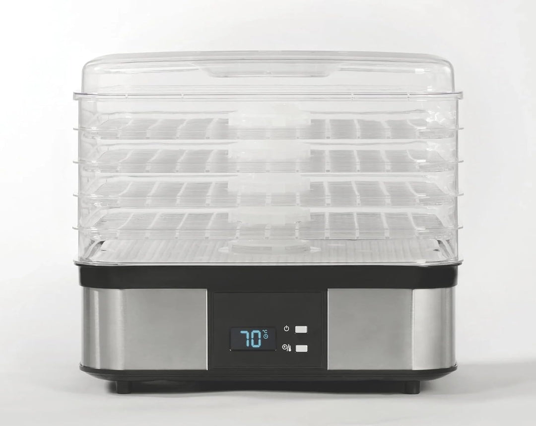Edelstahl-Dörrgerät 350W mit 5 Einlegeböden, Temperatur 40-70°C, Zeitschaltuhr 1-36h, inkl. Kräuterm