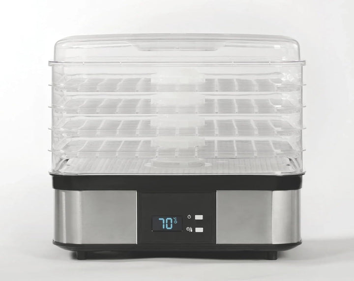 Edelstahl-Dörrgerät 350W mit 5 Einlegeböden, Temperatur 40-70°C, Zeitschaltuhr 1-36h, inkl. Kräuterm
