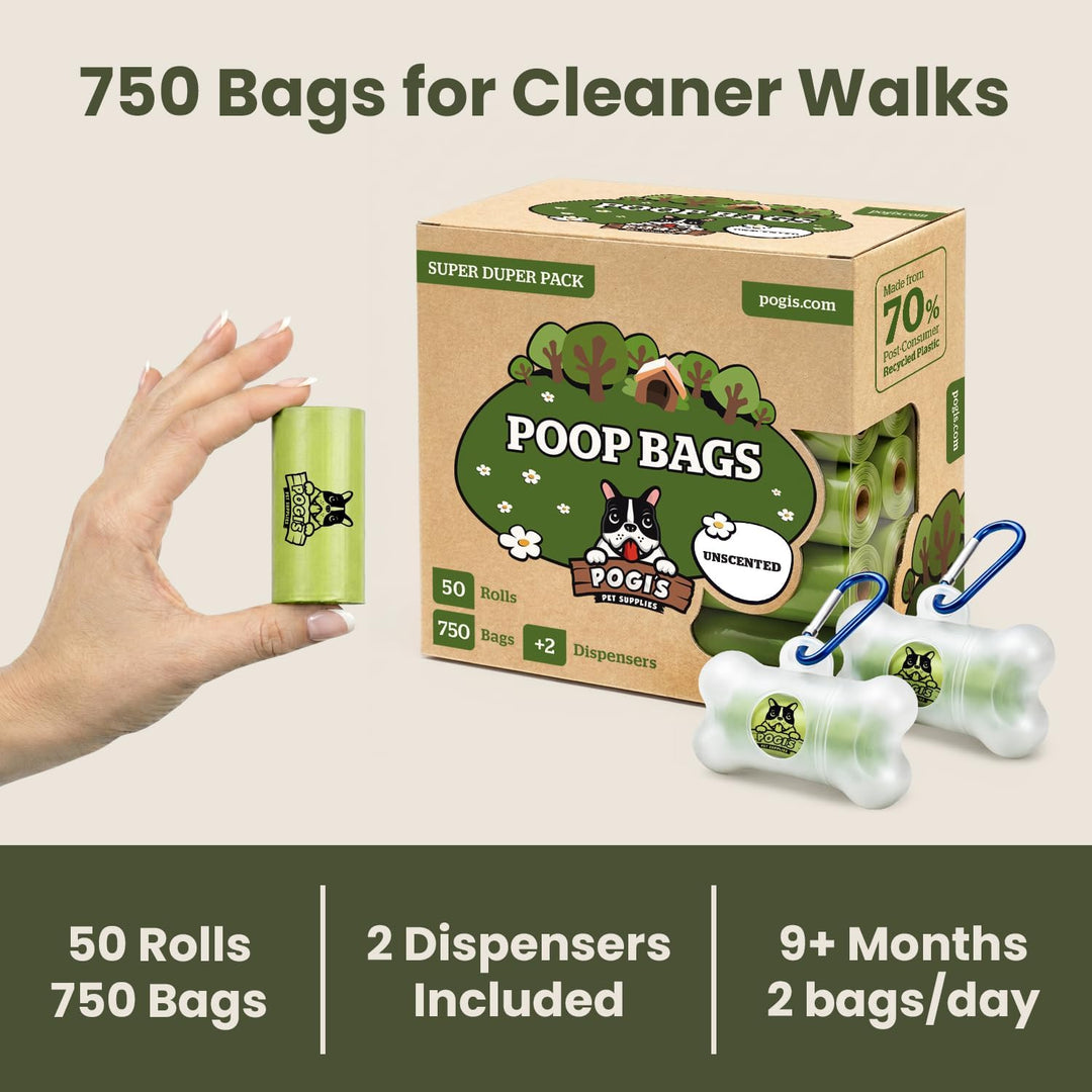 Pogi's Hundekotbeutel - 50 unparfümierte Rollen (750 Tüten) +2 Spender – grosse, biologisch abbaubar