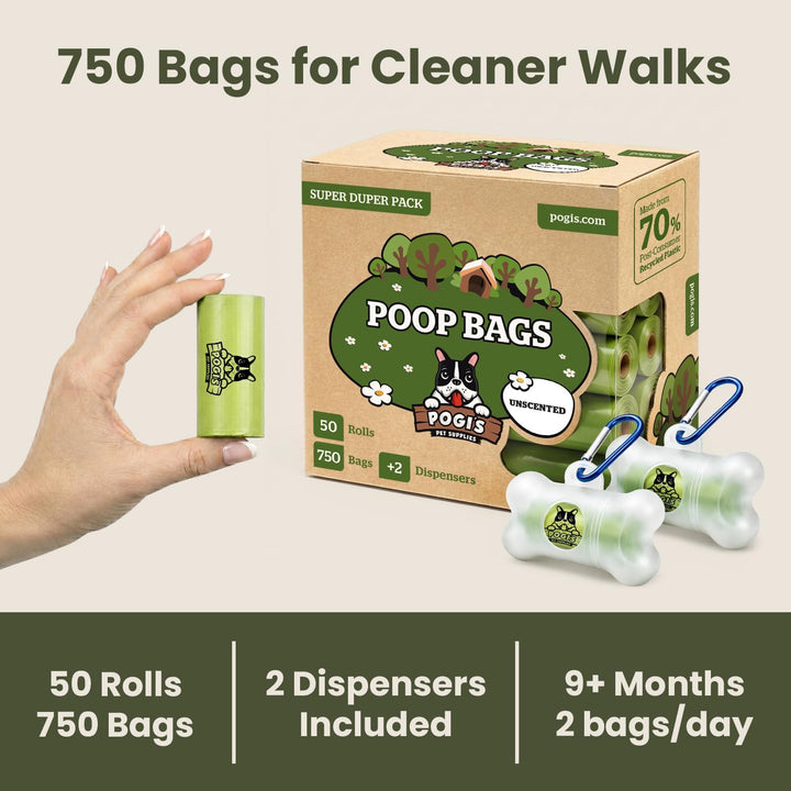 Pogi's Hundekotbeutel - 50 unparfümierte Rollen (750 Tüten) +2 Spender – grosse, biologisch abbaubar