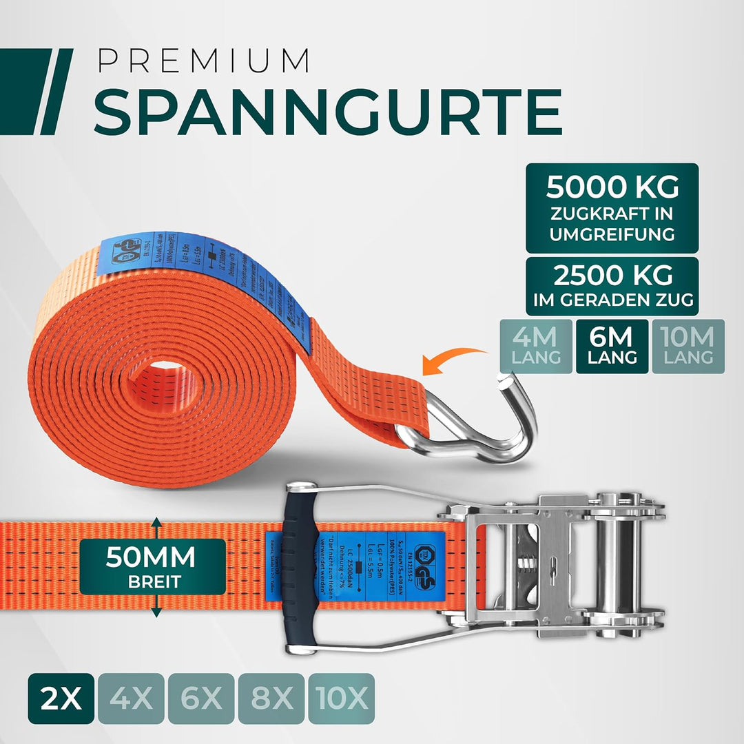 Schwerlast 5000kg Ratschengurte 6m - TÜV/GS & DIN Geprüft - Spanngurte mit Ratsche und Haken - QR La