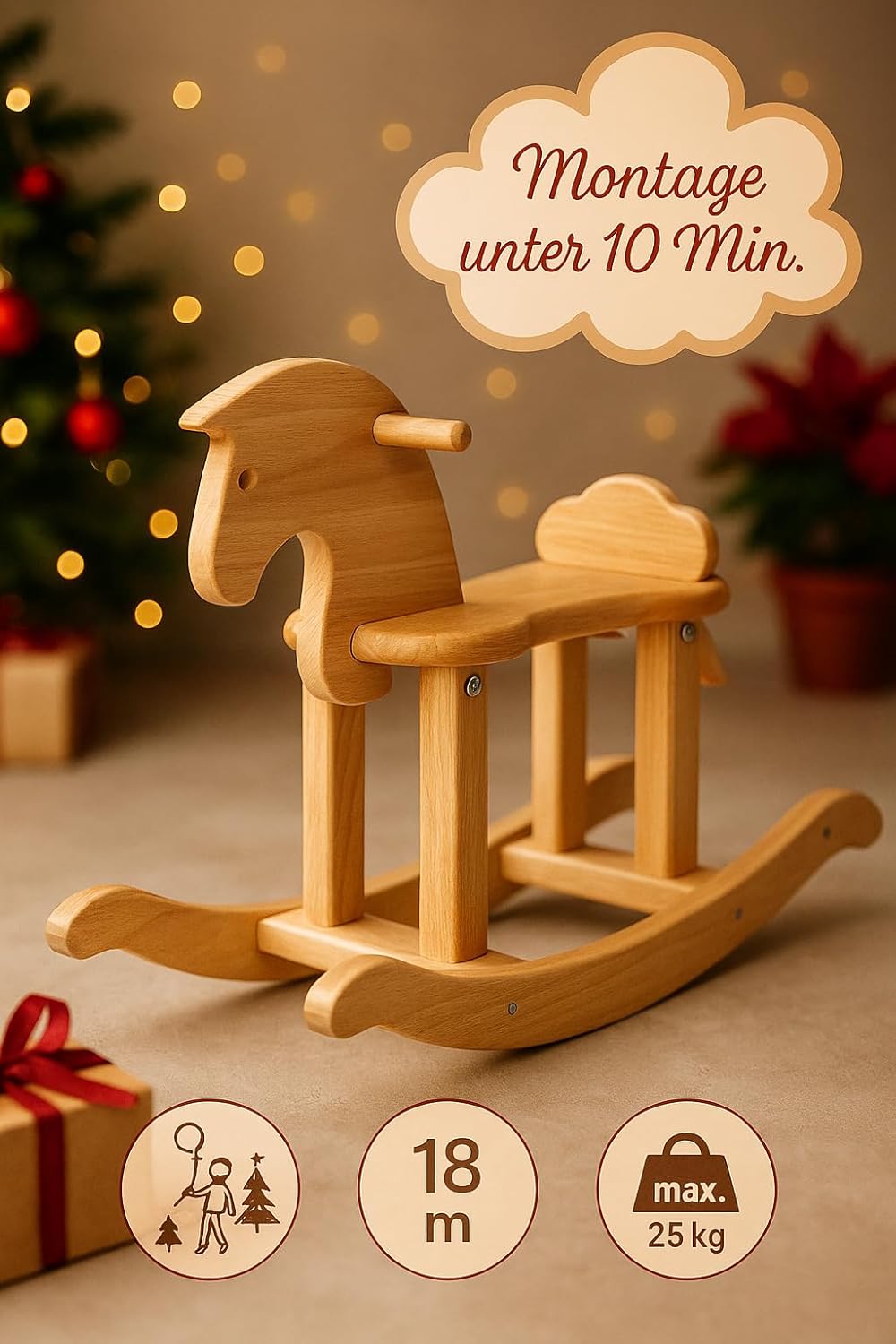 Massivholz-Schaukelpferd für Kinder ab 1 Jahr – handgefertigtes, unbehandeltes Schaukeltier, sicher