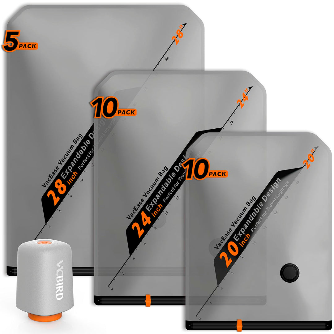 Vacbird Vakuumbeutel für Kleidung mit Kabellose Vakuumpumpe, 25 Stück (10x 40x54cm, 10x 47x64cm, 5x