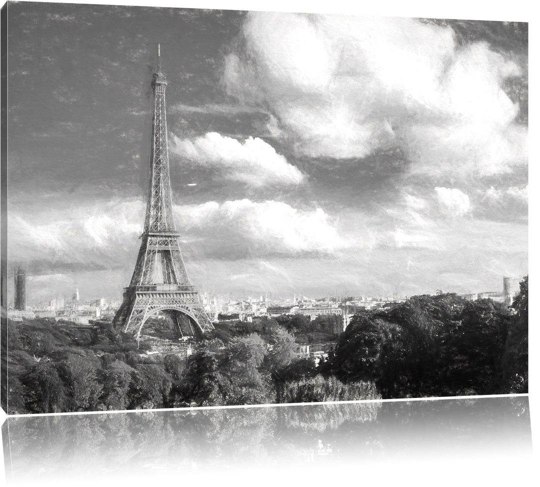 Pixxprint Riesiger Eiffelturm in Paris Kohle Zeichnung Effekt, Format: 100x70 auf Leinwand, XXL ries