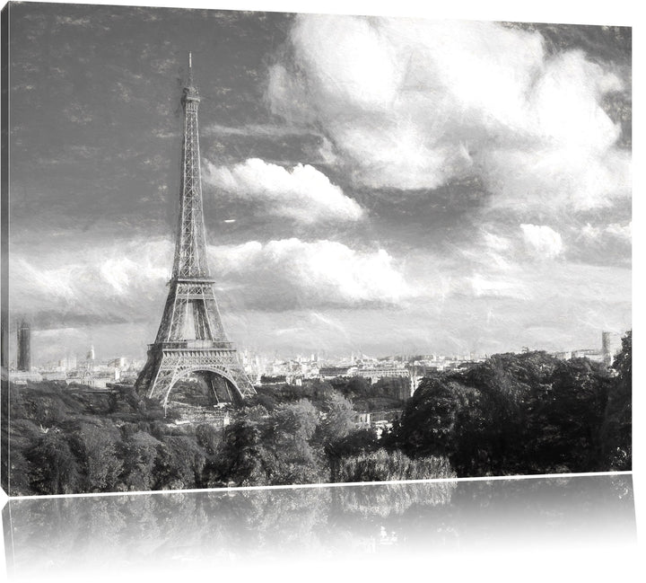 Pixxprint Riesiger Eiffelturm in Paris Kohle Zeichnung Effekt, Format: 100x70 auf Leinwand, XXL ries