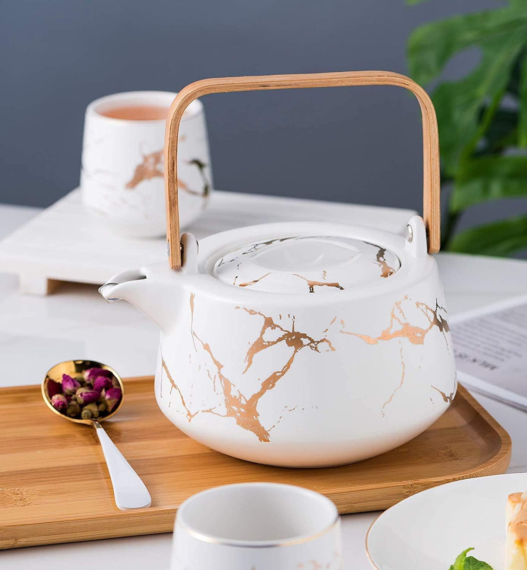 KKGUD Japanischer Stil Keramik Teeset, elegante Teekanne und 4 Teetassen mit Holztablett für Nachmit