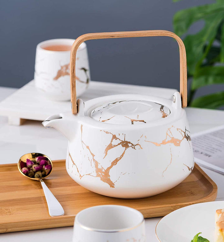 KKGUD Japanischer Stil Keramik Teeset, elegante Teekanne und 4 Teetassen mit Holztablett für Nachmit